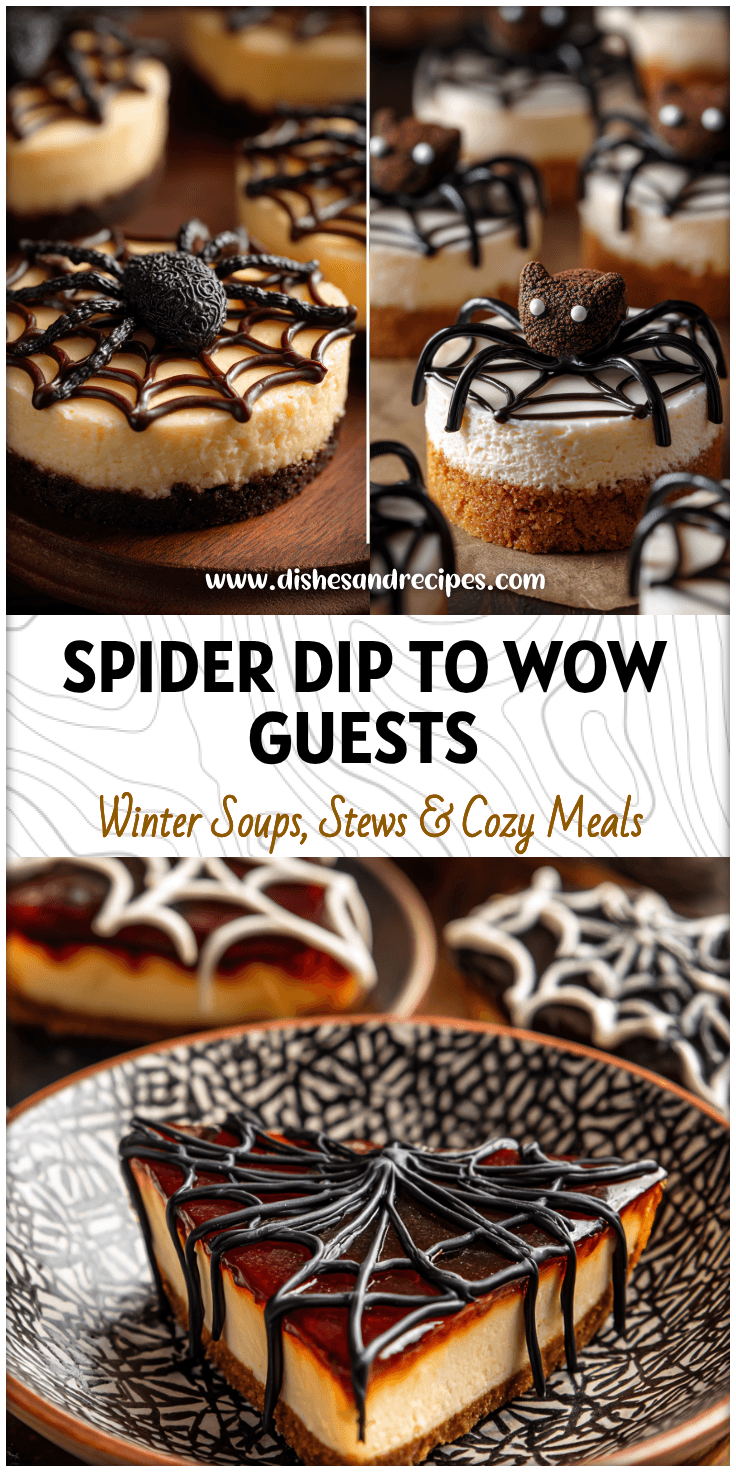 Halloween spider shaped cheesecake dip decorated with chocolate web for spooky dessert ideas.